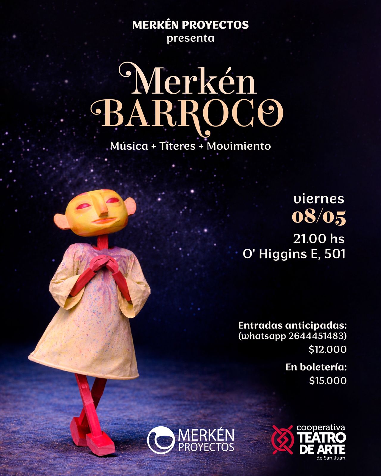 Merkén Barroco propone una experiencia artística que cruza música, títeres y movimiento.